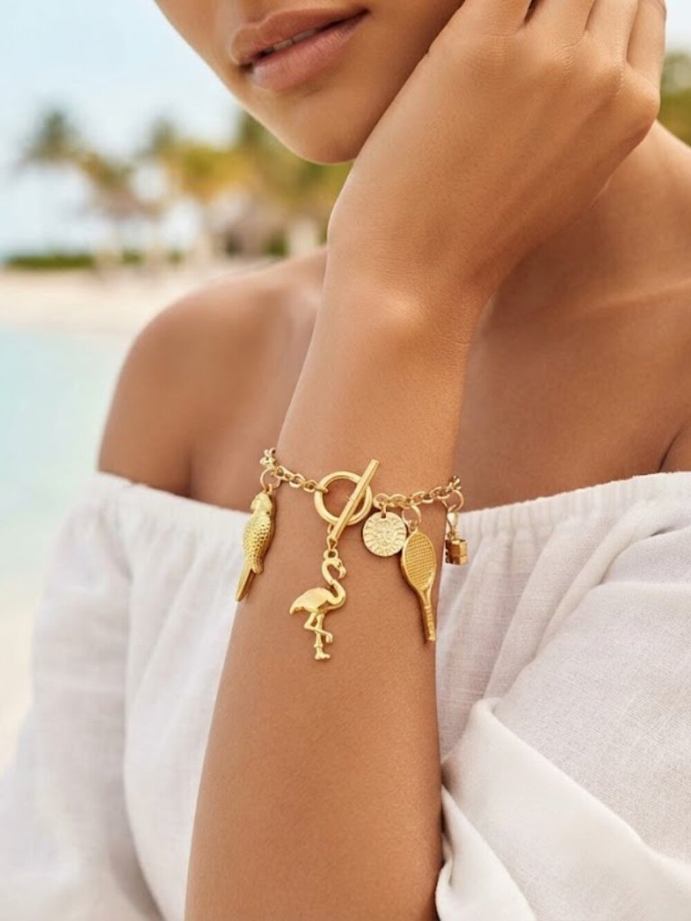 Gold Tone Tropical Charm Bracelet Flamingo Parrot Tennis Racket Toggle Clasp
